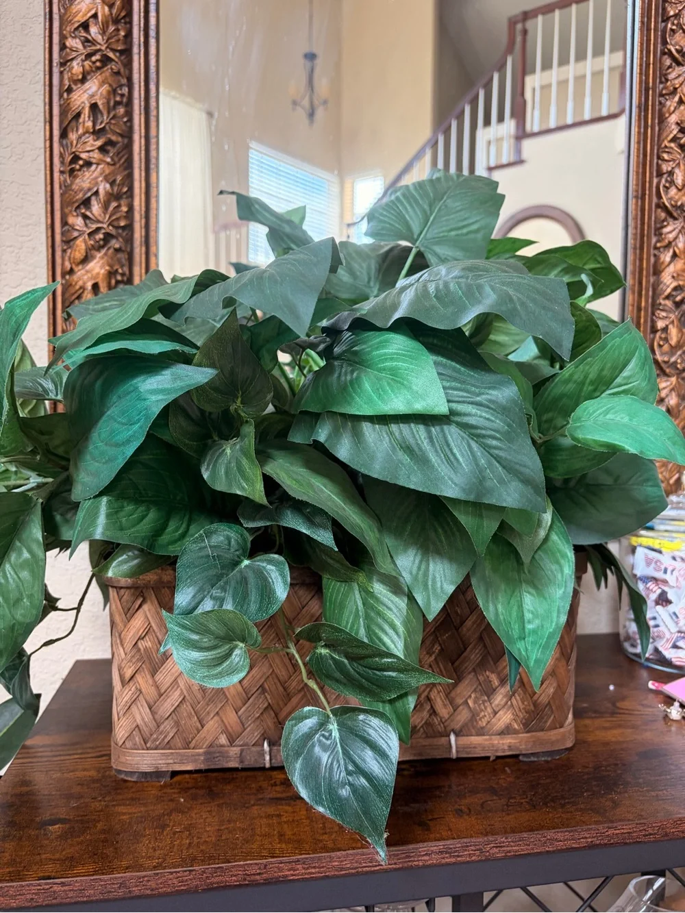 Artificial Green Leaf Pothos in Woven Planter - Green